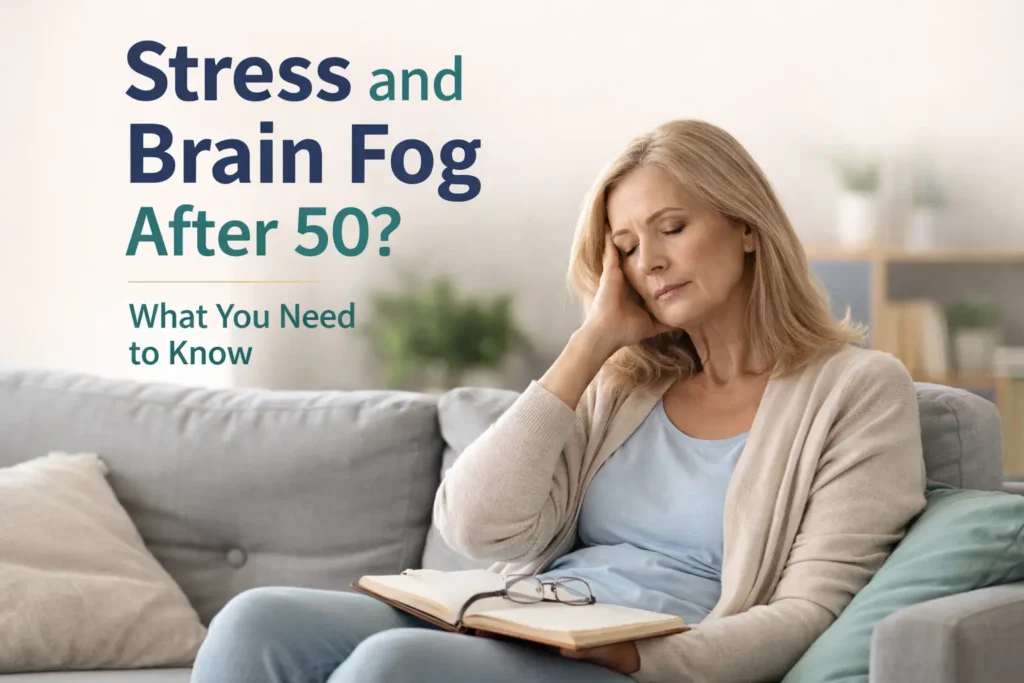 Adult over 50 sitting calmly at home with a notebook, showing mental fatigue and difficulty focusing in a gentle, realistic setting